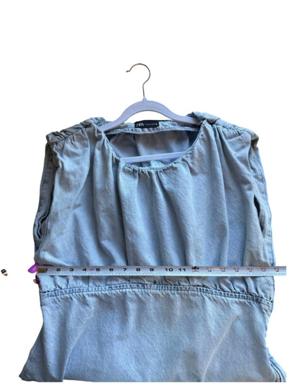 Zara Light Blue Denim Mini Dress with Statement Shoulders Size XL Y2K Minimalist - Picture 6 of 14